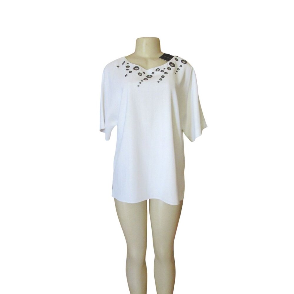 St. John Knits Bianco White Stretch Cady Grommet Blouse Size M